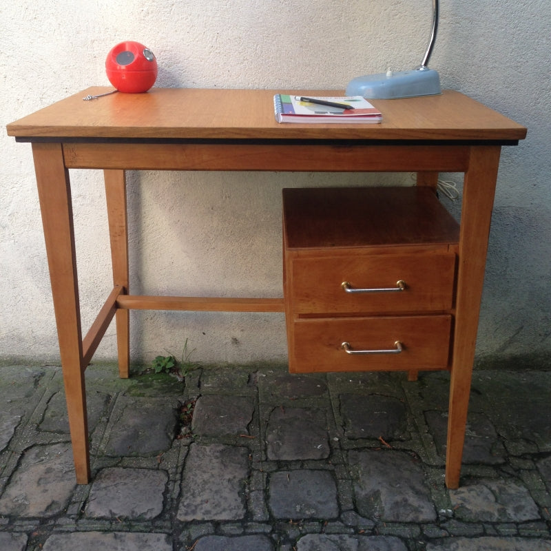 Bureau vintage en bois à caisson - Poignées laiton